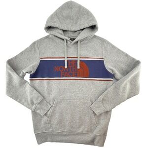 The North Face Mens M Hoodie Gray Logo Stripe Pullover Fleece Kangaroo Pocket